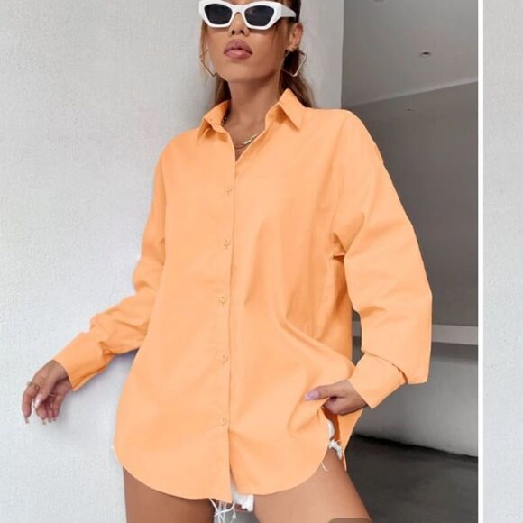 Jones New York Orange LINEN Blend BUTTON DOWN Shirt Size Large - Picture 1 of 5